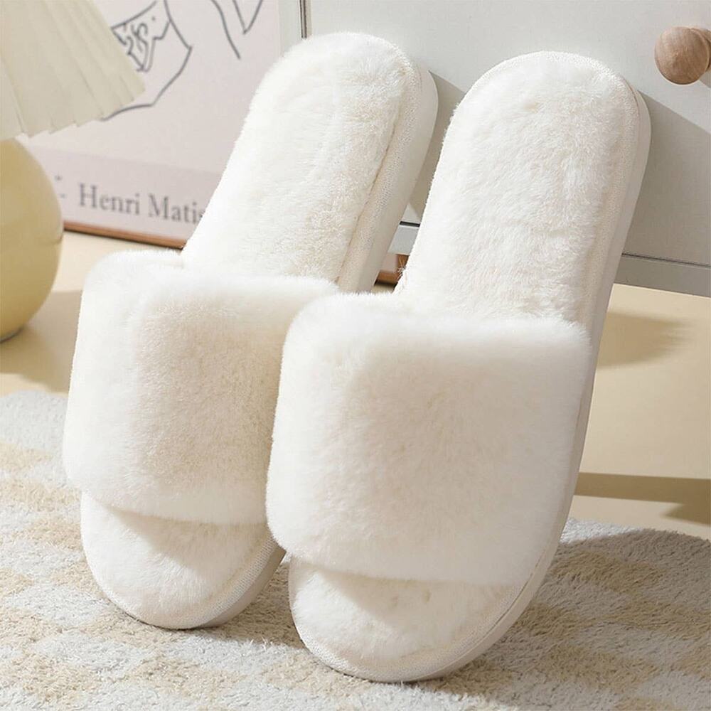 Faux Rabbit Fur Slippers For Women White Color